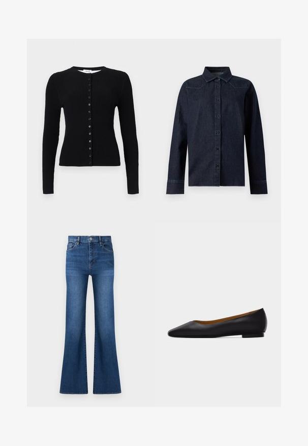 Cardigan noir en maille côtelée à manches longues avec encolure ronde et une rangée verticale de boutons noirs sur le devant.; Chemise en denim bleu foncé à manches longues, boutonnée sur le devant, col pointu, avec des détails de couture simples aux épaules et aux poignets.; Jean en denim bleu taille haute avec fermeture à boutons, poches avant, et jambes larges légèrement évasées sur fond blanc.; Chaussure plate en cuir noir à bout pointu avec talon bas et finition lisse, vue de côté sur un fond gris clair.