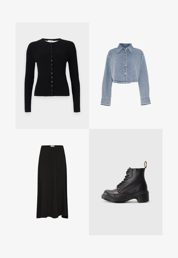 Sort ribstrikket cardigan med lange ærmer, rund halsudskæring og en lodret række af sorte knapper foran.; Afskåret lyseblå denimjakke med krave, frontknapper og lange ærmer. Har frynset sømkant og standard syningsdetaljer.; Sort, knælang nederdel lavet af blødt stof med en glat tekstur, der har en elastisk talje og en flydende silhuet.; Sorte læder ankelstøvler med rund tå, snørebåndsdesign og struktureret gummikalv. Har en gul sløjfe bagpå for nem påtagning.