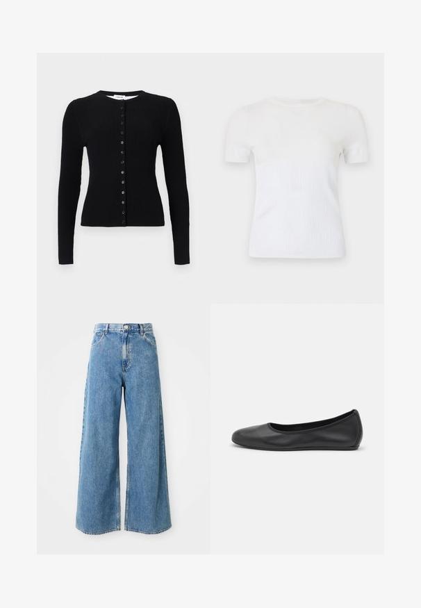 Sort ribstrikket cardigan med lange ærmer, rund halsudskæring og en lodret række af sorte knapper foran.; Hvid kortærmet t-shirt lavet af ribstrikket materiale. Har en rund halsudskæring og en figursyet pasform. Glat tekstur over det hele.; Højtaljede lyseblå brede denim jeans med frontknap, lynlås og forlommer på en hvid baggrund.; Sort læderballetsko med rund tå, glat tekstur, minimal syning og et fleksibelt såldesign.