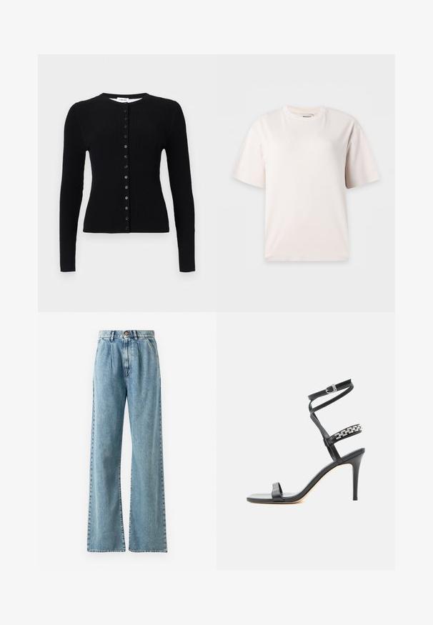 Sort ribstrikket cardigan med lange ærmer, rund halsudskæring og en lodret række af sorte knapper foran.; Plain hvid t-shirt med korte ærmer og rund hals vist på en lysegrå baggrund.; Lysblå højtaljede bukser med bred ben i denim, med knaplukning, markante bukser og syede lommer.; Sort højhælet sandal med tynd ankelrem, midtfodsrem dekoreret med sølvkædeled og åben tå-design.