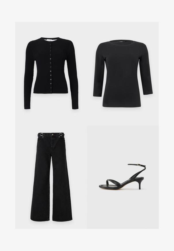 Cardigan noir en maille côtelée à manches longues avec encolure ronde et une rangée verticale de boutons noirs sur le devant.; Chemise noire à manches longues avec col rond, silhouette ajustée et texture de tissu lisse et unie.; Jean noir à jambes larges en denim, avec une taille haute, de grandes poches avant, et des accessoires ronds argentés à la ceinture.; Sandale pour femme en cuir noir avec fines lanières, une boucle d'orteil, une boucle à la cheville et un talon aiguille de hauteur moyenne sur un fond neutre.