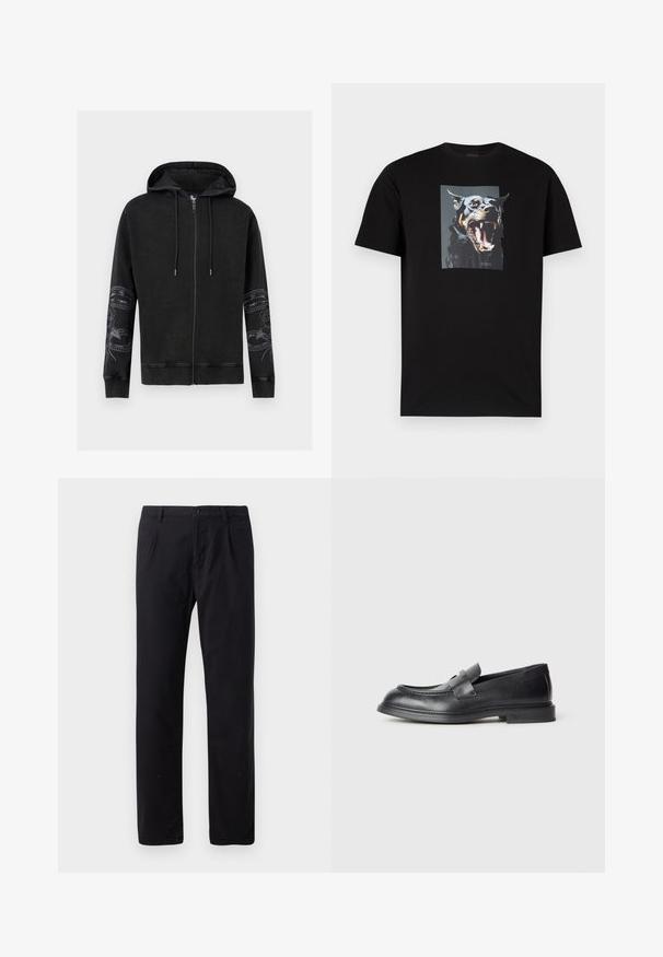 Sort lynlåshoodie med snøre til hætten og blomster-slange-prints på begge ærmer, med ribkanter ved ærmekanter og kant, vist på hvid baggrund.; Sort bomulds-T-shirt med et stort billede af en hund, der gør, på fronten. Rund hals, korte ærmer.; Sorte bukser i bomuldsblanding med klassisk lige ben-design, knaplukning og ingen synlige mønstre eller udsmykninger.; Sorte læder loafers med en struktureret finish, der har en dekorativ frontrem og en rundet tå. Gummisål for holdbarhed.