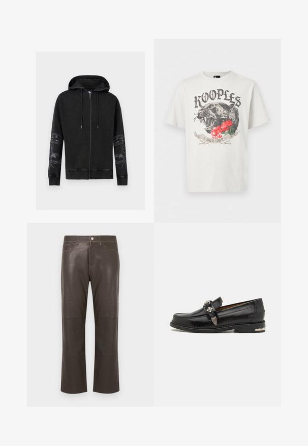 Sweat à capuche noir zippé avec capuche à cordon et motifs floraux de serpent sur les deux manches, poignets et ourlet côtelés, présenté sur un fond blanc.; T-shirt blanc avec une panthère noire rugissante, des fleurs rouges, le texte « KOOPLES » au-dessus et une bannière « WILD TOUR » en dessous du graphique au centre avant.; Pantalon droit en cuir marron foncé avec bouton frontal, fermeture éclair, passants pour ceinture et détails de couture contrastants.; Mocassin en cuir noir avec des garnitures décoratives en métal argenté, un dessus de style mocassin, des coutures détaillées et un talon empilé.