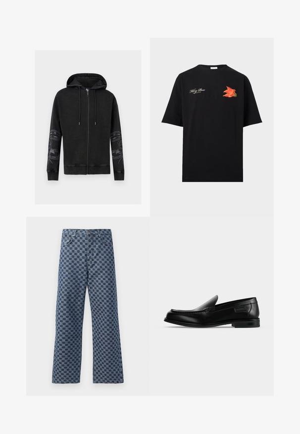 Sort lynlåshoodie med snøre til hætten og blomster-slange-prints på begge ærmer, med ribkanter ved ærmekanter og kant, vist på hvid baggrund.; Sort T-shirt med korte ærmer med hvid skrift i kursiv "Filling Pieces" og en livlig orange blomstergrafik på brystet.; Blå denim jeans med et gentagende geometrisk mønster, fem lommer, en knaplukning og en flagrende benstil.; Sort læder slip-on loafer med lav hæl, rundet tå og dekorative syninger langs øverste kant.
