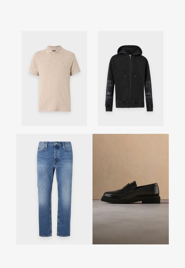 Sweat à capuche noir zippé avec capuche à cordon et motifs floraux de serpent sur les deux manches, poignets et ourlet côtelés, présenté sur un fond blanc.; Polo beige manches courtes avec trois boutons, bordure blanche sur le col et les bords des manches, et petit logo "MK" sur la poitrine gauche.; Jean en denim bleu avec une coupe droite, délavage léger, style classique à cinq poches et fermeture à bouton à l'avant.; Mocassin en cuir noir flottant au-dessus d'un tapis beige texturé, avec une table basse ronde en bois et des livres en arrière-plan.
