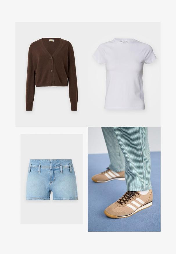 Bruine, korte cardigan met een V-hals, lange mouwen en drie knopen aan de voorkant. Zachte textuur en ribbelmanchetten.; Noisy May NMKATINKA - T-shirt basic - bright white; Lichtblauwe denim shorts met riemlussen, rits aan de voorkant en dubbeldubbel gestikte naden, plat gelegd op een neutrale achtergrond.; Tan suede en mesh sneakers met bruine veters en drie witte strepen. Gecombineerd met groene en witte gestreepte broeken, rustend op een blauwe ondergrond.