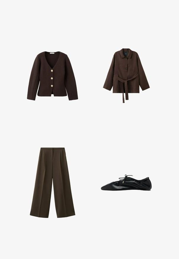 Cardigan à manches longues de couleur brun foncé, texturé, avec col en V et trois boutons décoratifs dorés sur le devant.; Veste marron foncé à manches longues avec col, deux boutons et une ceinture assortie en tissu nouée à la taille.; Pantalon à jambes larges en tissu marron foncé, avec plis à l'avant et texture lisse. Pas de poches visibles ni d'ornements.; Ballerine plate en cuir noir avec bout froncé et lacet à nouer orné d'embouts métalliques, vue latérale minimaliste et élégante.