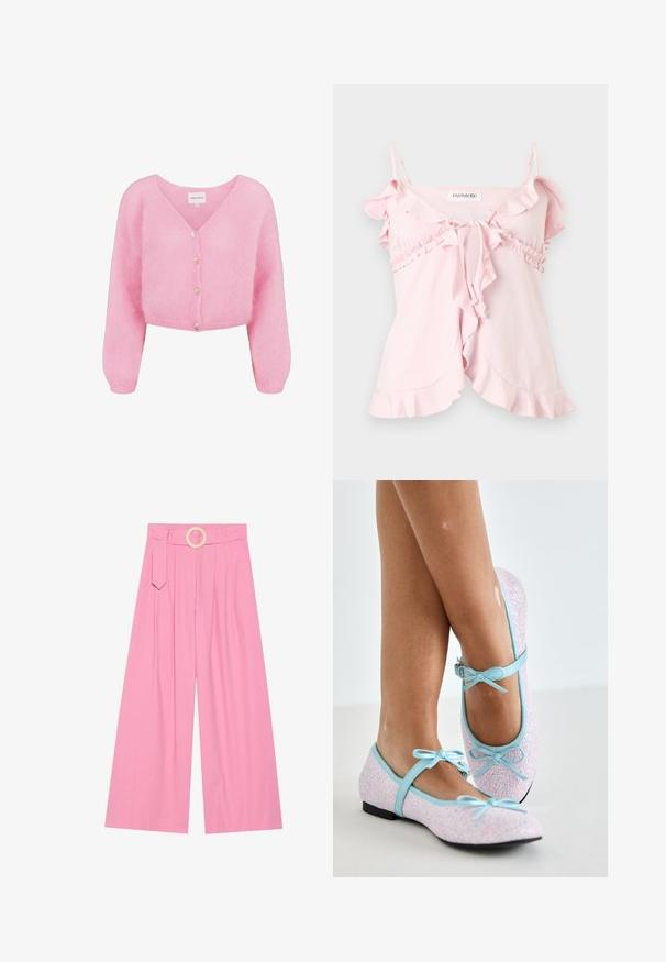 Cardigan court rose doux avec manches longues, col en V et quatre boutons semblables à des perles à l'avant.; Haut sans manches rose clair avec bords à volants, fines bretelles réglables, fermeture nouée devant et détails froncés sous la poitrine.; Pantalons larges rose à taille haute, dotés d'une ceinture avec une boucle en bois circulaire et de plis pour la texture.; Ballet flats avec un revêtement pailleté rose, des bordures et des accents en cuir bleu, ornées de nœuds sur des sangles réglables et d'un petit talon noir.