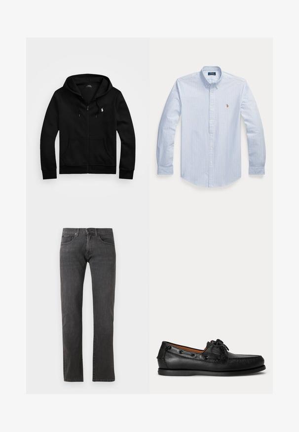 Zwarte zip-up hoodie van zacht materiaal, voorzien van een voorzak, verstelbare capuchon met trekkoord en een klein geborduurd logo op de borst.; Blauw-wit gestreept overhemd met lange mouwen en knopen, voorzien van een getailleerde kraag en een klein, geborduurd logo op de linkerborst.; Donkergrijze denimjeans met een rechte pijp, ontwerp met vijf zakken en subtiele stikseldetails. Gemaakt van katoenrijke stof.; Zwarte leren mocassin met veterdetail en lage rubberen zool, zijaanzicht op een eenvoudige lichte achtergrond.