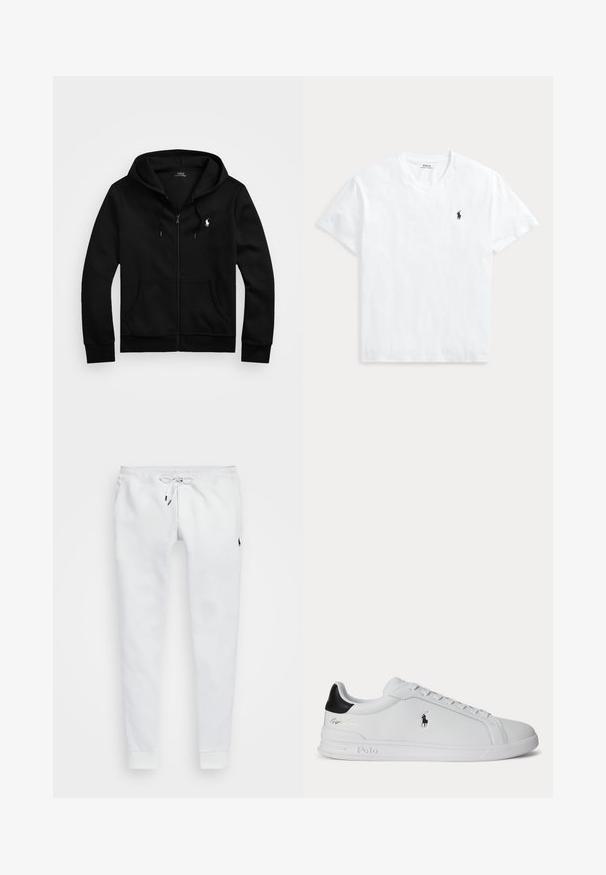 Sort zip-up hoodie lavet af blødt stof, med en frontlomme, justerbar snøre i hætten og et lille broderet logo på brystet.; Hvid T-shirt med V-hals og korte ærmer med lille navyblåt Polo Ralph Lauren hestelogo på venstre bryst.; Hvide træningsbukser lavet af blødt stof, med en træk-snor i taljen, sidelommer og ribbede manchetter. Lille logo på låret.; Hvid lavtop sneaker med sort hælfane, snørebånd og Polo Ralph Lauren-logo på siden, med præget såldetaljer.