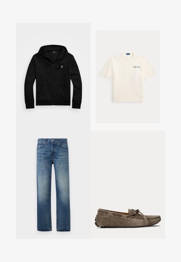 Sort zip-up hoodie lavet af blødt stof, med en frontlomme, justerbar snøre i hætten og et lille broderet logo på brystet.; Hvid bomulds t-shirt med korte ærmer og rund hals. Har en mørkeblå "Polo Ralph Lauren" logo trykt på venstre bryst.; Blå falmede straight-leg cowboybukser med knap og lynlås foran, bæltestropper og forlommer på ensfarvet baggrund.; Lysebrun ruskindsslipper med snøre- og duskedetalje, syet moc-tå og gummiydersål, sidevisning.