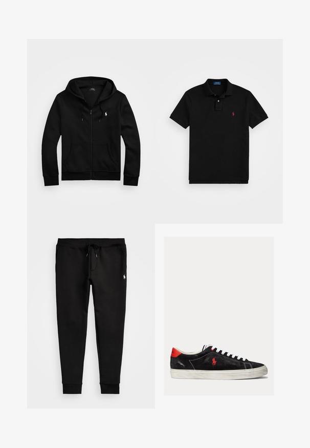 Zwarte zip-up hoodie van zacht materiaal, voorzien van een voorzak, verstelbare capuchon met trekkoord en een klein geborduurd logo op de borst.; Zwarte polo gemaakt van katoen, met een klassieke kraag, korte mouwen en een klein rood logo op de linkerkant van de borst.; Zwarte sweatpants van zacht materiaal, met een trekkoord in de taille, aangesloten boorden en een klein wit logo op het linkerpoot.; Zwarte suede sneakers met witte veters, rode accenten op de hak en een klein rood logo. Beschikt over een platte rubberen zool en eenvoudige stiksels.