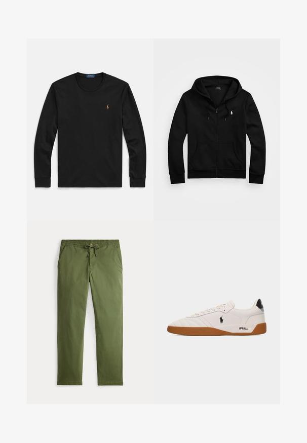 Μαύρο φερμουάρ που hoodie φτιαγμένο από απαλό ύφασμα, με μπροστινή τσέπη, ρυθμιζόμενη κουκούλα με κορδόνια και μικρό κεντημένο λογότυπο στο στήθος.; Μαύρο μακρυμάνικο T-shirt από μαλακό βαμβάκι, με λαιμόκοψη τύπου crew neck και μικρό κεντημένο λογότυπο στο στήθος με χρωματικές αποχρώσεις.; Ανδρικό ελαιόχρωμο casual παντελόνι με ελαστική μέση, κορδόνι περίσφιξης, κουμπί κλεισίματος και πλαϊνές τσέπες, απλωμένο επίπεδα σε λευκό φόντο.; Λευκό χαμηλό παπούτσι με καφέ λαστιχένια σόλα, μαύρο λογότυπο Polo Ralph Lauren στο πλάι και το κείμενο «RL» στο πίσω μέρος.