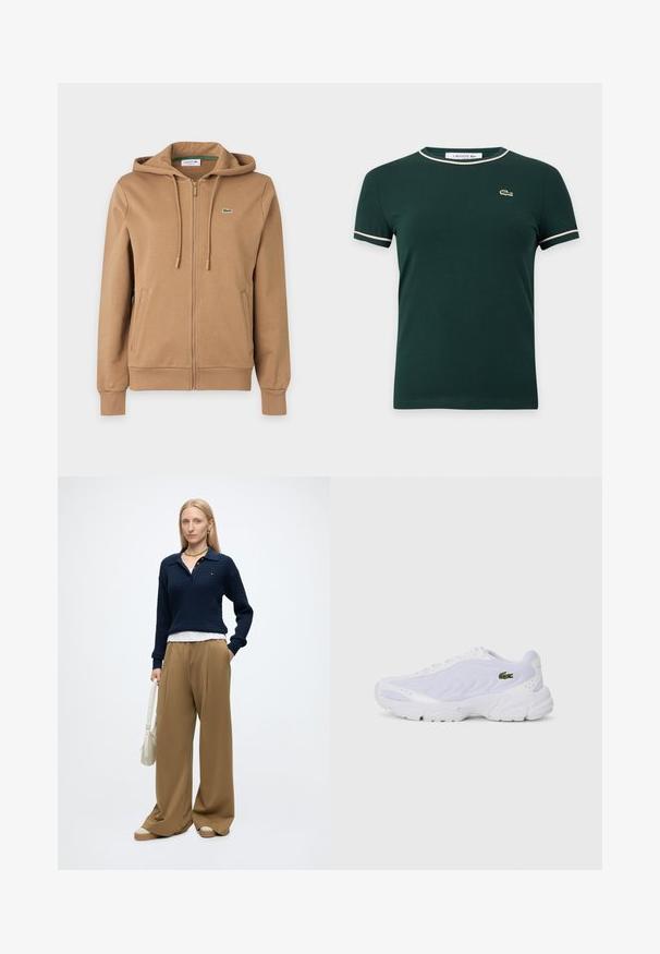 Bruine hoodie met rits, koordjes, zijzakken, geribde boorden en een klein groen geborduurd krokodillenlogo op de borst.; Donkergroene T-shirt met korte mouwen en witte bies op de kraag en mouwen, met een klein krokodillenlogo op de linkerborst.; Vrouw met steil blond haar, gekleed in een marineblauwe trui, brede beige broek, beige schoenen, gouden sieraden en houdt een witte handtas vast met één hand in haar zak.; Witte sportschoenen met bovenwerk van mesh, textuurdesign en gevoerd kraagje. Beschikt over een groen logo aan de zijkant en een gevoerde zool voor comfort.
