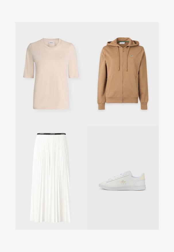 Sweat à capuche marron zippé avec cordons, poches latérales, poignets côtelés et petit logo crocodile vert brodé sur la poitrine.; T-shirt beige à manches courtes avec col rond et petit logo brodé sur la poitrine gauche, présenté sur fond blanc uni.; Jupe plissée blanche avec une taille élastique noire portant le logo "LACOSTE". Design mi-long avec une texture douce.; Sneaker blanche avec une tige en cuir lisse, bout rond, lacets blancs plats, détail logo doré sur le côté et accent beige sur le talon.