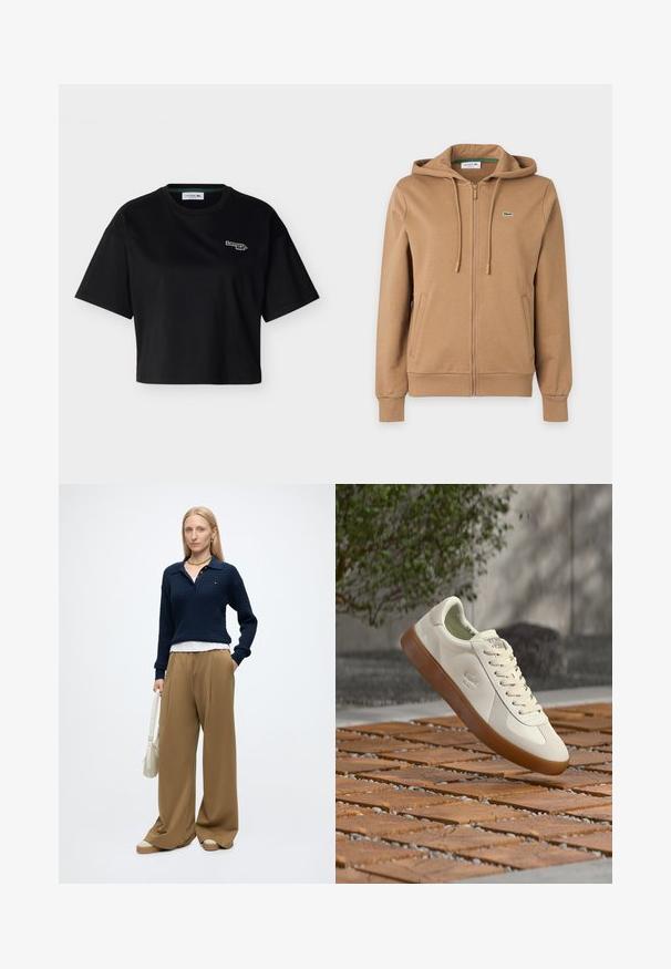 Sweat à capuche marron zippé avec cordons, poches latérales, poignets côtelés et petit logo crocodile vert brodé sur la poitrine.; T-shirt court noir à manches courtes avec col rond et petit logo Lacoste brodé sur le côté gauche de la poitrine.; Femme aux cheveux blonds raides portant un pull bleu marine, un pantalon large beige, des chaussures beiges, des bijoux en or, et tenant un sac à main blanc avec une main dans la poche.; Baskets blanches basses avec semelle en gomme et logo crocodile en relief flottant au-dessus d'un sol en bois à motif en extérieur.