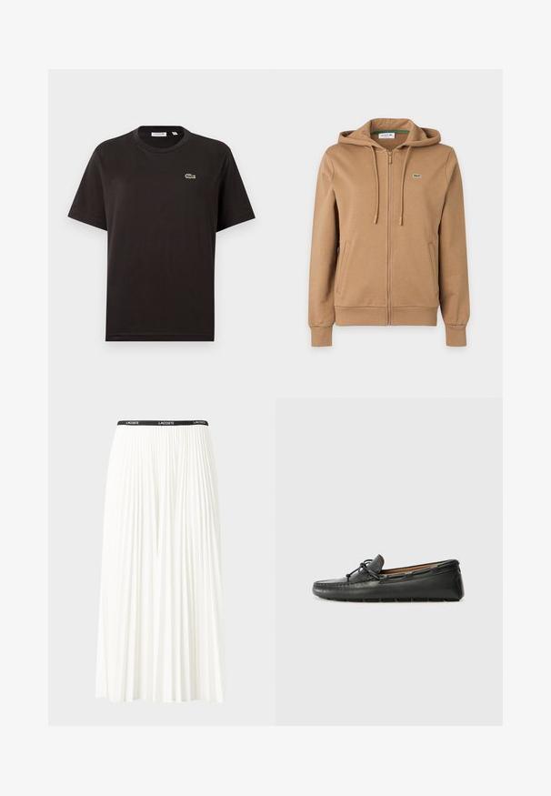 Sweat à capuche marron zippé avec cordons, poches latérales, poignets côtelés et petit logo crocodile vert brodé sur la poitrine.; T-shirt en coton noir avec un col rond, des manches courtes, et un petit logo Lacoste vert sur le côté gauche de la poitrine. Texture douce, coupe décontractée.; Jupe plissée blanche avec une taille élastique noire portant le logo "LACOSTE". Design mi-long avec une texture douce.; Bateau en cuir noir avec un bout arrondi, des détails de couture, un petit accent en nœud et une semelle en caoutchouc. Texture lisse et design épuré.