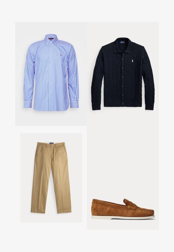 Marineblauwe kabelgebreide cardigan met knopen, kraag en wit Polo Ralph Lauren-logo op de linkerborst.; Polo Ralph Lauren CUSTOM FIT STRIPED PINPOINT OXFORD SHIRT - Overhemd - blue/white; Beige chinos gemaakt van katoenen stof. Recht gesneden met een platte voorkant, twee zijzakken en een tailleband met knoopsluiting.; Bruine suède loafer met witte zool, mocassin-stijl stiksels en een klein logo geperst vlak bij de hiel op een effen lichte achtergrond.