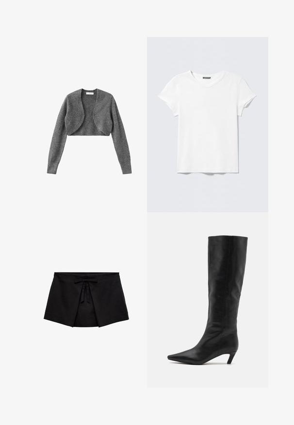 Grå cropped cardigan lavet af blødt, tekstureret stof. Har lange ærmer og en rund halsudskæring med et åbent frontdesign.; Enkelt hvid T-shirt med korte ærmer og V-hals, med et lille "WEEKDAY" mærke indeni kraven, vist mod en lysegrå baggrund.; Sort mini nederdel i omslagsstil med frontfælde detaljer og en lille bundet sløjfe ved taljen.; RAID FLAURA - Høje støvler/ Støvler - black