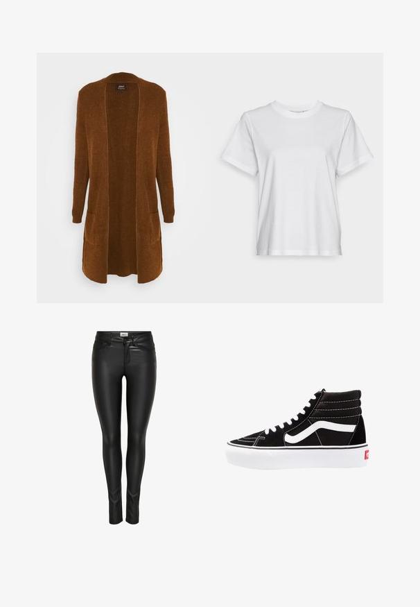 ONLY ONLJADE CARDIGAN - Gilet - ginger bread; T-shirt en coton blanc à manches courtes, col rond et coupe décontractée. Texture lisse, sans motifs ni graphiques, design basique.; Pantalons en faux cuir noir slim-fit avec bouton avant, fermeture à glissière et passants de ceinture, présentés sur un fond blanc.; Baskets montantes noires avec des lacets blancs, un logo blanc et des coutures blanches contrastées. Dotées d'une épaisse semelle blanche et d'un dessus en daim texturé.