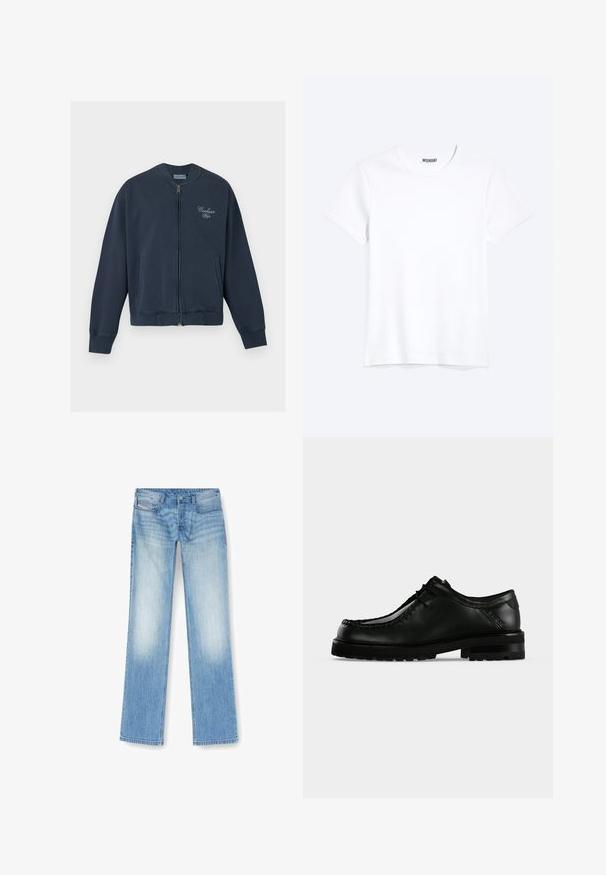 Carhartt WIP LONGHAND - Bomberjacks - carbon/white; Effen witte T-shirt met korte mouwen en ronde hals met een zichtbaar WEEKDAY-merklabel bij de nek, weergegeven op een lichte achtergrond.; Lichtblauwe rechte jeans gemaakt van denim, met een vervaagde afwerking, vijf-pocket ontwerp en zichtbare stiksels langs de naden.; Zwarte leren veterschoen met dikke rubberen zool en moc toe- stiksel, weergegeven vanaf de linkerkant op een effen lichte achtergrond.