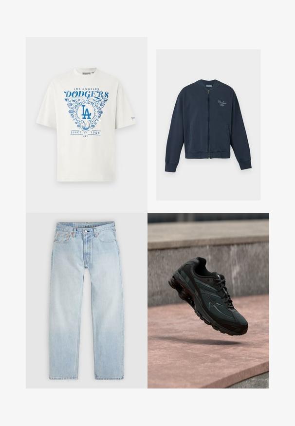 Carhartt WIP LONGHAND - Bomberjacke - carbon/white; Weißes Baumwoll-T-Shirt mit blauem Grafiktext "LOS ANGELES DODGERS" und "SINCE 1958" sowie floralen Akzenten und dem "LA"-Logo in der Mitte.; Hellblaue Denim-Jeans mit lockerem Schnitt, ausgestattet mit fünf Taschen, einem Knopfverschluss und dezenten orangefarbenen Ziernähten.; Schwarzer athletischer Sneaker mit sichtbarer Air-Cushioning-Zwischensohle, der über einer rosa Steinoberfläche mit grauer Steinmauer im Hintergrund schwebt.