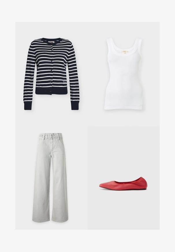 Cardigan bleu marine avec rayures horizontales blanches, col rond, fermeture à boutons, manches longues et logo Barbour sur le bas devant.; Débardeur blanc côtelé sans manches avec encolure dégagée, présenté à plat sur un fond clair.; Jean gris clair taille haute à jambes larges, avec poches avant, passants de ceinture et ceinture en tissu assortie avec boucle.; Filippa K REY FLATS - Ballerines - bright red