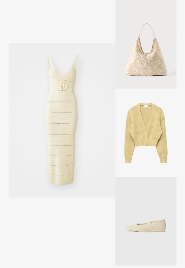 Beige geripptes Strick-Cropped-Cardigan mit langen Ärmeln und drei Knöpfen vorne.; Strick-Midikleid in hellem Creme mit tailliertem Schnitt, V-Ausschnitt, verstellbarem Bindeband in der Taille und horizontalen Streifenmustern.; Beige Ballerinas aus glattem Leder mit mandelförmiger Zehenpartie und elastischem Riemen über dem Fußrücken, ausgestattet mit dezenten Nähtelementen.; Cremefarbene Stofftasche mit weißem floralem Häkelmuster und einem einzelnen dünnen Schulterriemen auf einfarbigem Hintergrund.