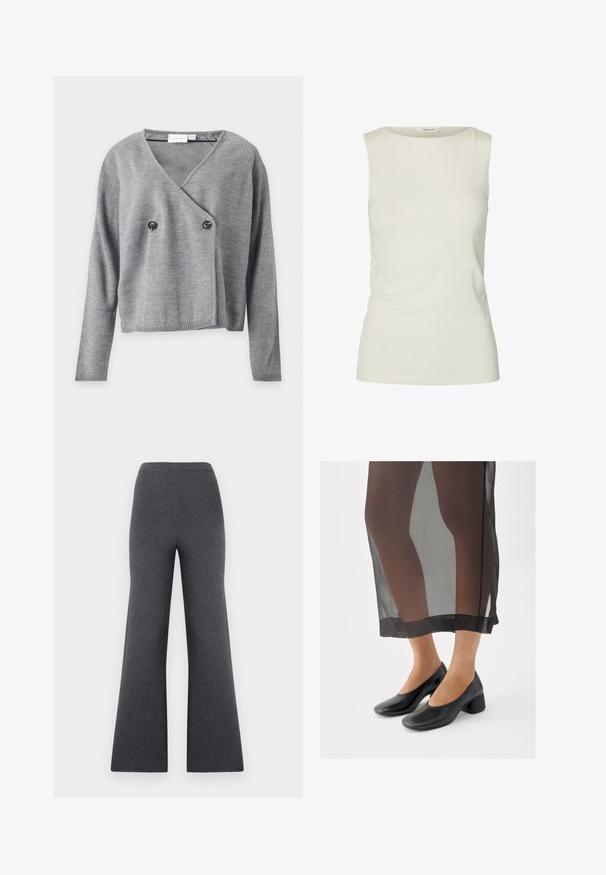 Cardigan gris à manches longues en maille, avec un devant croisé et deux boutons noirs sur le côté gauche, présenté sur fond blanc.; Débardeur blanc uni sans manches avec un col rond, fabriqué en tissu lisse, présenté sur fond blanc.; Pantalon en maille gris foncé taille haute à jambes larges, avec une texture lisse, présenté sur un fond blanc.; Chaussures noires à talons blocs avec une finition en cuir lisse, portées avec une jupe noire transparente à ourlet net et design minimaliste.