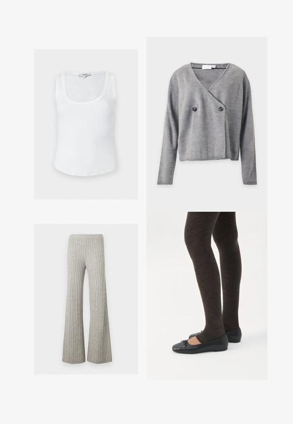 Cardigan gris à manches longues en maille, avec un devant croisé et deux boutons noirs sur le côté gauche, présenté sur fond blanc.; Débardeur blanc côtelé sans manches avec encolure dégagée et étiquette Topshop à l'arrière du col intérieur, présenté sur un fond uni.; Pantalon en maille gris clair avec un motif torsadé, jambes larges et taille stretch, présenté sur un fond uni.; Jambes portant des leggings côtelés foncés associés à des ballerines noires avec de petits détails en nœud sur fond blanc.
