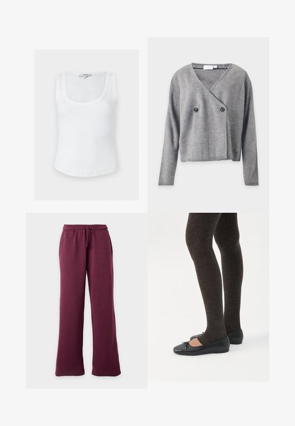 Cardigan gris à manches longues en maille, avec un devant croisé et deux boutons noirs sur le côté gauche, présenté sur fond blanc.; Débardeur blanc côtelé sans manches avec encolure dégagée et étiquette Topshop à l'arrière du col intérieur, présenté sur un fond uni.; Pantalon de survêtement bordeaux à jambes larges avec ceinture élastique et cordon, poches avant, présenté sur un fond clair uni.; Jambes portant des leggings côtelés foncés associés à des ballerines noires avec de petits détails en nœud sur fond blanc.