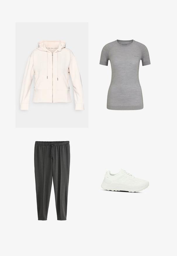 Lichtroze hoodie met rits, subtiele ribbelstructuur, verstelbare koordjes en zijzakken. Zachte stof, relaxte pasvorm en capuchonontwerp.; Lichtgrijs sportshirt met korte mouwen, gemaakt van ademend materiaal en voorzien van een gemêleerd gaasdetail. FALKE-logo op de voorkant. Ronde halslijn.; Donkergrijze, rekbare joggers gemaakt van zachte stof; voorzien van een elastische tailleband met koord en taps toelopende pijpen.; Witte sportschoen met een gestructureerde bovenkant en meshpanelen, vetersluiting, gevoerde zool en subtiele branding op de hiel.