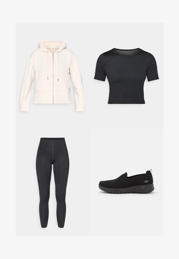 Lichtroze hoodie met rits, subtiele ribbelstructuur, verstelbare koordjes en zijzakken. Zachte stof, relaxte pasvorm en capuchonontwerp.; Zwarte korte mouwen crop top gemaakt van glad, rekbaar materiaal met een ronde halslijn en subtiele naaddetails op de schouders.; Zwarte leggings met hoge taille, gemaakt van rekbare stof, voorzien van flatlock naden en een aansluitend ontwerp, ideaal voor sportkleding.; Zwarte instapschoenen van ademend mesh materiaal, met een gestructureerde bovenkant, een gevoerde zool en een klein logo aan de zijkant.