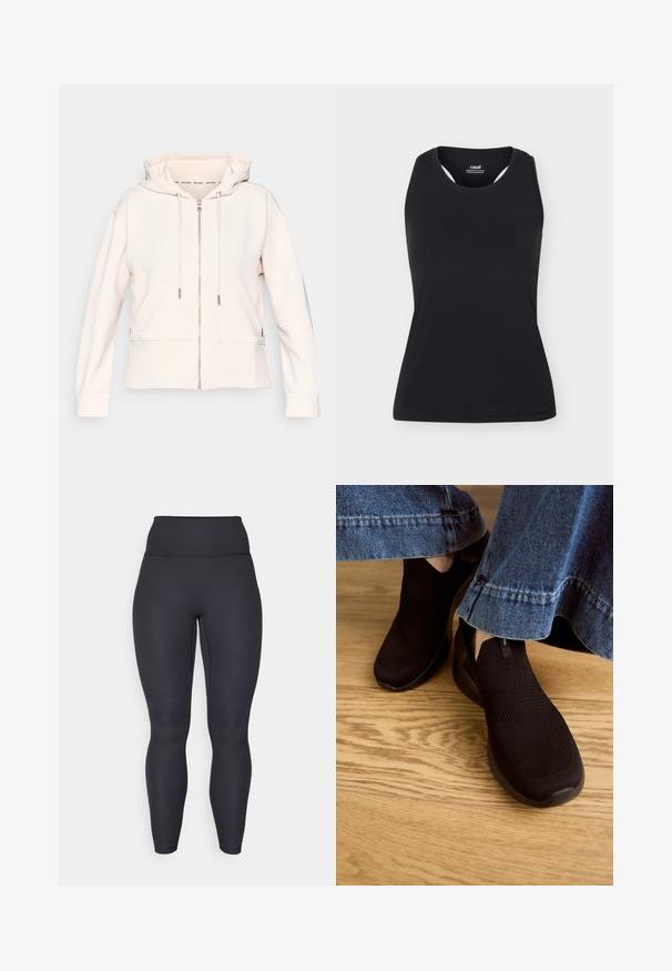 Sudadera con cremallera de color rosa claro con una textura ribeteada sutil, cordones ajustables y bolsillos laterales. Tejido suave, corte relajado y diseño con capucha.; Camiseta deportiva negra sin mangas, con cuello redondo y diseño de espalda nadadora, mostrada sobre un fondo liso y claro.; Leggings negros de canalé de cintura alta con un diseño ajustado, textura suave y ajuste de longitud completa. Cuenta con una cinturilla ancha para mayor soporte.; Zapatos negros sin cordones con parte superior de punto texturizado y abertura elástica. Tienen una forma de puntera redondeada y una suela baja con amortiguación, usados con un dobladillo de mezclilla.