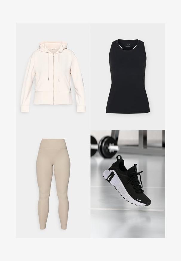 Lichtroze hoodie met rits, subtiele ribbelstructuur, verstelbare koordjes en zijzakken. Zachte stof, relaxte pasvorm en capuchonontwerp.; Zwarte mouwloze sporttanktop met ronde halslijn en racerback-ontwerp, getoond op een effen lichte achtergrond.; Beige hoge taille legging met een geribbelde textuur, voorzien van een soepele tailleband en aansluitende benen, ontworpen voor comfort en flexibiliteit.; Zwarte sportschoen met een textuurstof bovenwerk, witte zool en een opvallend vetersysteem. Voorzien van een Nike-logo en een zacht, gedempt ontwerp.