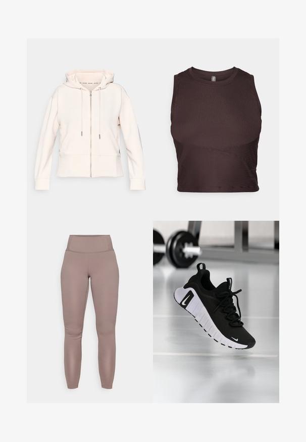 Sweat à zip rose clair avec une texture ribbed subtile, cordons de serrage réglables et poches latérales. Tissu doux, coupe décontractée et design à capuche.; Crop top côtelé marron foncé avec des bretelles larges, un col rond et un design sans couture. Il présente une silhouette ajustée et un tissu extensible pour le confort.; Leggings taille haute, ajustés au corps, de couleur taupe unie, avec un tissu lisse et extensible et un design propre et sans couture.; Chaussure de sport noire avec une tige en tissu texturé, une semelle blanche et un système de laçage prononcé. Présente un logo Nike et un design doux et rembourré.