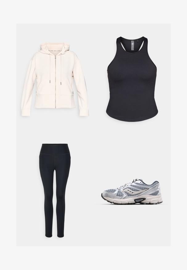 Sweat à zip rose clair avec une texture ribbed subtile, cordons de serrage réglables et poches latérales. Tissu doux, coupe décontractée et design à capuche.; ONLY Play ONPSANA SHORT - Débardeur - black; Leggings noirs en tissu extensible, longs jusqu'aux chevilles, avec une taille haute, présentant des coutures planes et sans motifs ni embellissements visibles.; Bottine de course argentée avec tige en mesh, semelle rembourrée et accents gris. Dotée d'un bout arrondi et d'un design à lacets. Logo de la marque visible.