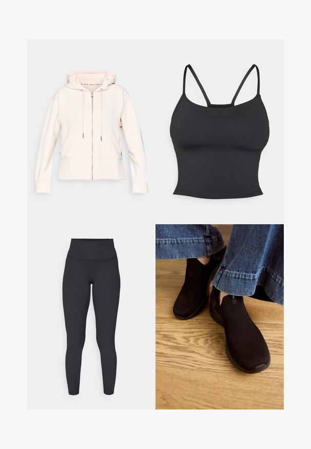Lichtroze hoodie met rits, subtiele ribbelstructuur, verstelbare koordjes en zijzakken. Zachte stof, relaxte pasvorm en capuchonontwerp.; Zwarte aansluitende camisole van gladde stof, met dunne bandjes en een ronde halslijn, zonder extra patronen of accenten.; Hoge taille zwarte leggings met een geribbelde textuur, een aansluitend ontwerp en naadloze stiksel, geschikt voor sportkleding of casual gebruik.; Zwarte instapschoenen met een getextureerde gebreide bovenkant en elastische opening. Rond toelopende vorm en een lage, gevoerde zool, gedragen met een denim zoom.