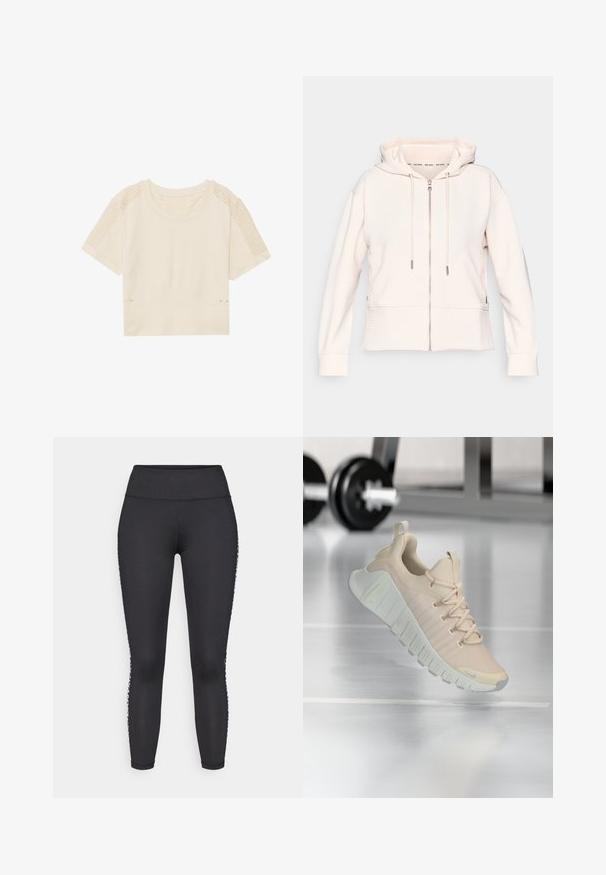 Sweat à zip rose clair avec une texture ribbed subtile, cordons de serrage réglables et poches latérales. Tissu doux, coupe décontractée et design à capuche.; T-shirt court beige clair à manches courtes, avec panneaux en maille sur les épaules, texture côtelée et ouvertures latérales ornées de petits accents dorés.; Leggings longs noirs en tissu extensible, avec une taille lisse et des accents à motifs blancs le long des coutures latérales.; Baskets légères de couleur beige doux. Présentent une tige texturée, des lacets plats et une semelle épaisse à rainures avec des accents de marque subtils.