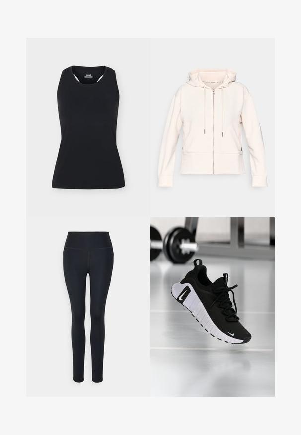 Lys pink zip-up hoodie med en subtil ribbet tekstur, justerbare snore og sidelommer. Blødt stof, afslappet pasform og hætte-design.; Sort ærmeløs sportstanktop med rund halsudskæring og bryderryg, vist på ensfarvet lyst baggrund.; Sorte leggings i fuld længde lavet af strækbart stof med en høj talje, der har flade sømme og ingen fremtrædende mønstre eller udsmykninger.; Sort atletiksko med en tekstureret stofoverdel, hvid sål og fremtrædende snøresystem. Indeholder en Nike-logo og et blødt, polstret design.
