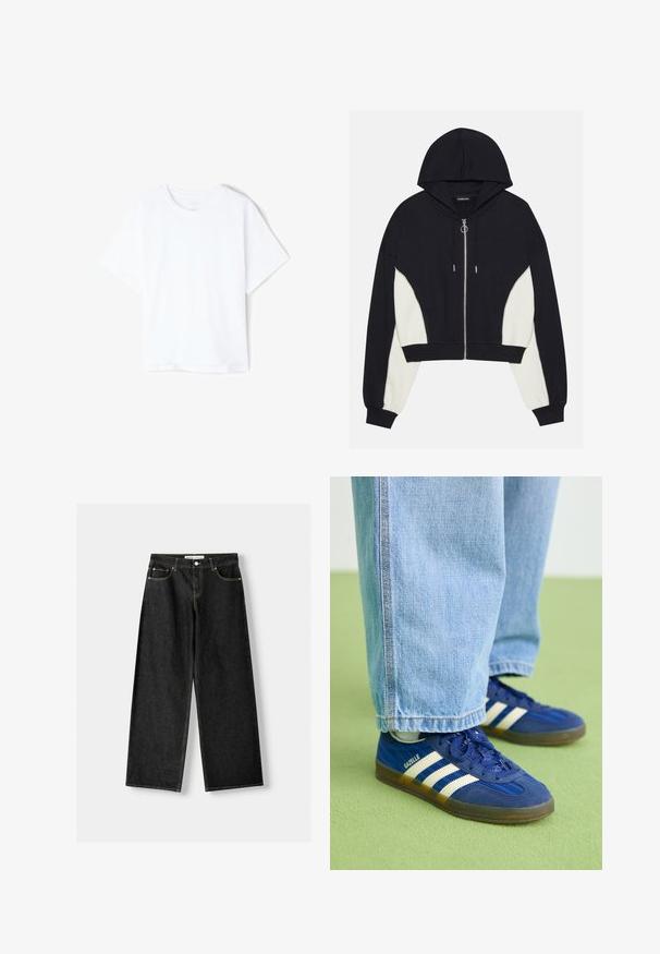 Schwarze und weiße, cropped Kapuzenjacke mit einem Frontreißverschluss, Kapuze und kontrastierenden Seitenpaneelen. Mit silbernen Beschlägen sowie gerippten Bündchen und Saum.; Schlichtes weißes Baumwoll-T-Shirt mit kurzen Ärmeln und Rundhalsausschnitt, flach auf weißem Hintergrund dargestellt.; Schwarze Jeans mit weitem Bein aus Denim, mit fünf Taschen, metallischem Knopf und Reißverschluss und kontrastierenden gelben Nähten entlang der Nähte.; Blaue Wildleder-Sneaker mit weißen Streifen und strukturierten Mustern, kombiniert mit hellblauen Jeans, vor einem grünen Hintergrund.