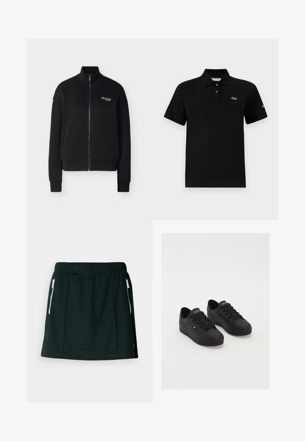 Zwarte jas met ritssluiting, hoge kraag, lange mouwen, geribbelde boorden en zoom, en een klein wit en groen "Levi's" logo op de linkerborst.; Zwart poloshirt met korte mouwen, twee knopen, een kraag, klein groen krokodillenlogo op de borst en witte tekst op de linker mouw.; Zwarte sportrok van zachte stof, met een elastische tailleband, twee zijzakken met rits en plooi-details voor een gestructureerde vorm.; Zwarte low-top sneakers van glad materiaal, met dikke veters, een gestructureerde zool en een klein logo aan de zijkant en op de tong.