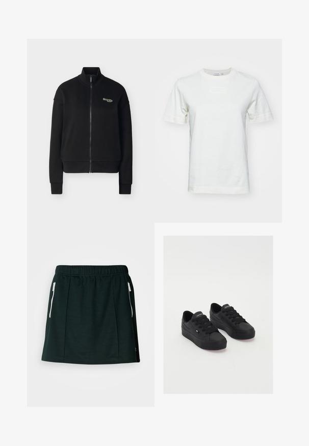 Zwarte jas met ritssluiting, hoge kraag, lange mouwen, geribbelde boorden en zoom, en een klein wit en groen "Levi's" logo op de linkerborst.; Witte katoenen t-shirt met korte mouwen, ronde hals en een gestructureerd "LACOSTE" logo op de voorkant. Gladde stof met een normale pasvorm.; Zwarte sportrok van zachte stof, met een elastische tailleband, twee zijzakken met rits en plooi-details voor een gestructureerde vorm.; Zwarte low-top sneakers van glad materiaal, met dikke veters, een gestructureerde zool en een klein logo aan de zijkant en op de tong.