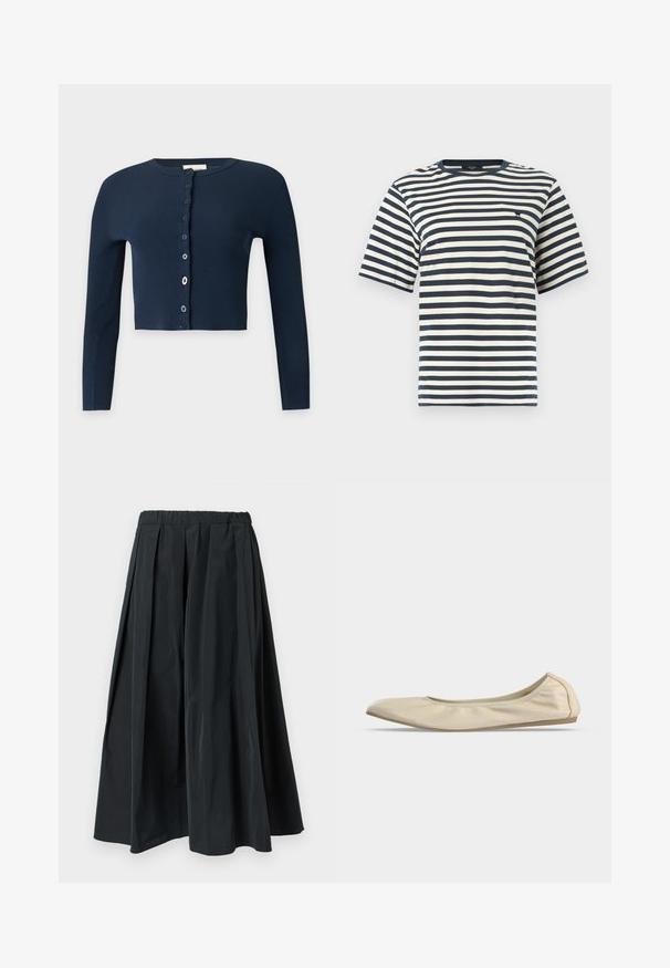 Cardigan court côtelé bleu marine avec manches longues et fermeture à boutons dépareillés sur le devant.; T-shirt à manches courtes avec col ras du cou, rayures horizontales bleu marine et blanches, et petit logo noir brodé sur la poitrine.; Pantalon noir à jambes larges plissé avec une ceinture élastique, fabriqué en tissu léger, suspendu sur un fond blanc uni.; Ballerine beige en cuir souple avec bout arrondi, profil latéral bas et semelle fine en caoutchouc sur fond blanc uni.