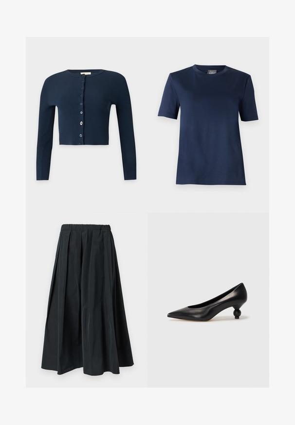 Cardigan court côtelé bleu marine avec manches longues et fermeture à boutons dépareillés sur le devant.; T-shirt bleu marine à manches courtes, col rond, ourlet droit et texture de tissu lisse, présenté sur un fond uni.; Pantalon noir à jambes larges plissé avec une ceinture élastique, fabriqué en tissu léger, suspendu sur un fond blanc uni.; Chaussure à talon haut en cuir noir avec un bout pointu et un talon arrondi. Texture lisse avec un design épuré et minimal.