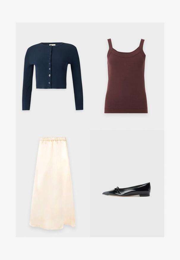 Cardigan court côtelé bleu marine avec manches longues et fermeture à boutons dépareillés sur le devant.; Débardeur brun côtelé sans manches avec encolure carrée et logo brodé discret au centre devant.; Longue jupe en satin couleur crème avec taille élastique et motif floral subtil, présentée à plat sur un fond neutre.; Chaussure plate en cuir verni noir avec un bout pointu, une petite lanière décorative et un petit talon carré. Texture lisse et design épuré.