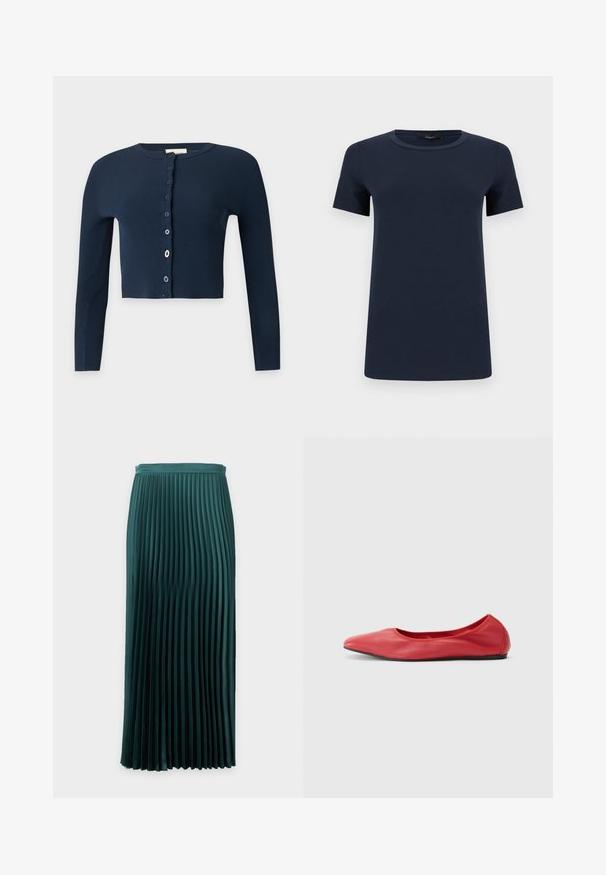 Cardigan court côtelé bleu marine avec manches longues et fermeture à boutons dépareillés sur le devant.; T-shirt en coton bleu marine à manches courtes avec col rond, présenté à plat sur un fond blanc.; Jupe plissée mi-longue vert foncé avec une taille ajustée et des plis verticaux uniformément espacés.; Filippa K REY FLATS - Ballerines - bright red