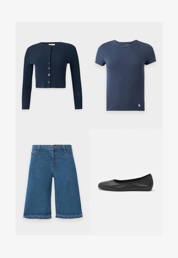 Marineblauw geribd kort vestje met lange mouwen en een knoopsluiting aan de voorkant met verschillende knopen.; Donkerblauw, geribd katoenen T-shirt met korte mouwen, ronde hals en klein wit elandlogo nabij de onderzoom op effen achtergrond.; Blauwe denim knielange shorts met rafelige zomen, knop aan de voorkant en zakken op een effen witte achtergrond.; Zwarte leren ballerina met een ronde neus, gladde textuur, minimale stikdetails en een flexibele zoolontwerp.