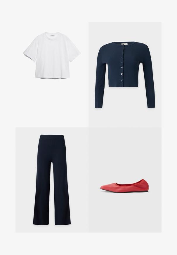 Cárdigan corto en azul marino con canalé, mangas largas y cierre frontal con botones desiguales.; Camiseta de algodón blanca con manga corta, escote redondo, corte relajado y sin patrones o gráficos visibles. Textura suave y diseño sencillo.; Pantalones negros de pierna ancha con cintura alta y sin cierres visibles, mostrados sobre un fondo blanco liso.; Filippa K REY FLATS - Bailarinas - bright red