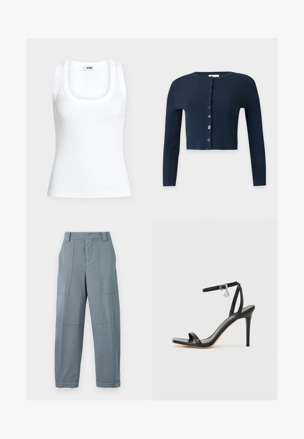 Cardigan court côtelé bleu marine avec manches longues et fermeture à boutons dépareillés sur le devant.; Débardeur blanc côtelé sans manches avec un col rond et une étiquette de marque DRYKORN à l'intérieur du col arrière.; Pantalon droit bleu-gris avec poches plaquées à l'avant, passants pour ceinture, taille boutonnée et poignets réglables à pression aux chevilles.; Sandale à talon haut noire avec une bride étroite à la cheville, bout carré, cuir lisse et accent de boucle métallique.